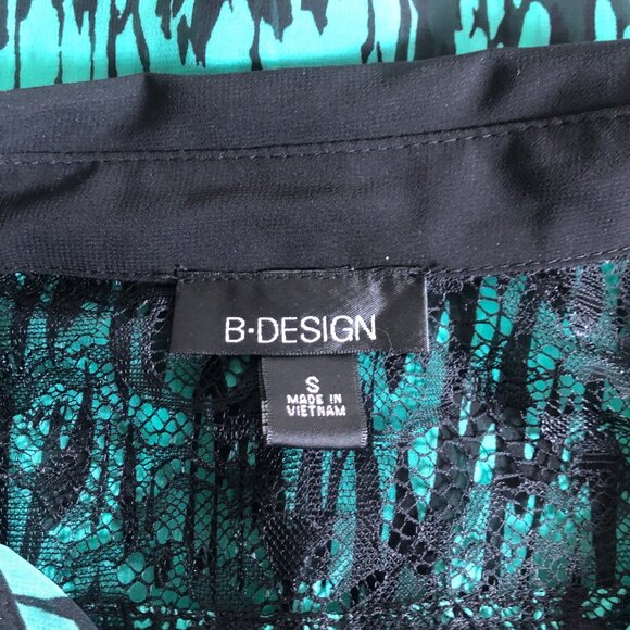 B Design Sheer Blouse Womens Small Size Green Black Blouse Lace Shoulders Top - Picture 5 of 6